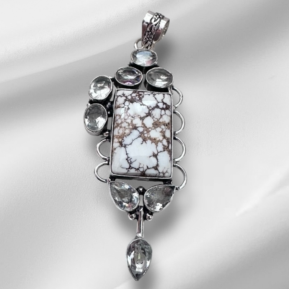 Artisan Hand Crafted Magnesite Stone Pendant Rectangular Crystal Accent 0790